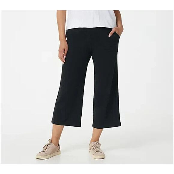 DENIM & CO. ACTIVE NEW $47 Textured French terry Wide Leg Crop Pant Black XS - Picture 1 of 2